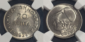 Greece 1926 20 Lepta NGC MS64 GEM UNC KM#67 NGC #2413