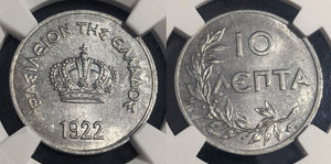 Greece 1922 10 Lepta Thin Planchet (1.52g) NGC MS63 CHOICE UNC KM#66.1 NGC #2414