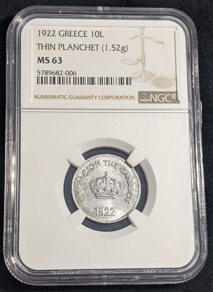 Greece 1922 10 Lepta Thin Planchet (1.52g) NGC MS63 CHOICE UNC KM#66.1 NGC #2414