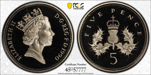 Great Britain Proof 1990 Five Pence 5p S-D3 23.6mm PCGS PR69DCAM FDC UNC #2564