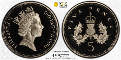 Great Britain Proof 1990 Five Pence 5p S-D3 23.6mm PCGS PR69DCAM FDC UNC #2564
