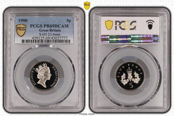 Great Britain Proof 1990 Five Pence 5p S-D3 23.6mm PCGS PR69DCAM FDC UNC #2564