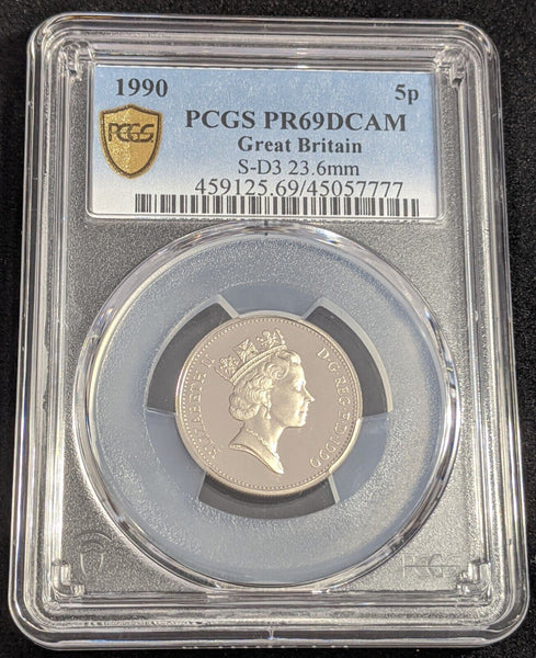 Great Britain Proof 1990 Five Pence 5p S-D3 23.6mm PCGS PR69DCAM FDC UNC #2564