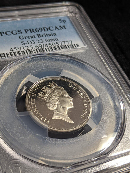 Great Britain Proof 1990 Five Pence 5p S-D3 23.6mm PCGS PR69DCAM FDC UNC #2564
