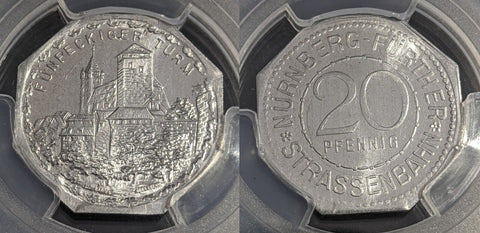 Germany Nurnberg Pentagonal Tower Streetcar Token 20 Pfennig PCGS MS64 GEM #2566
