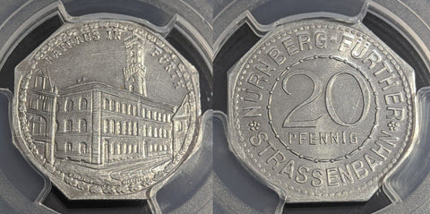 Germany Nurnberg Rathaus in Furth Streetcar Token 20 Pfennig PCGS MS64 GEM #2567