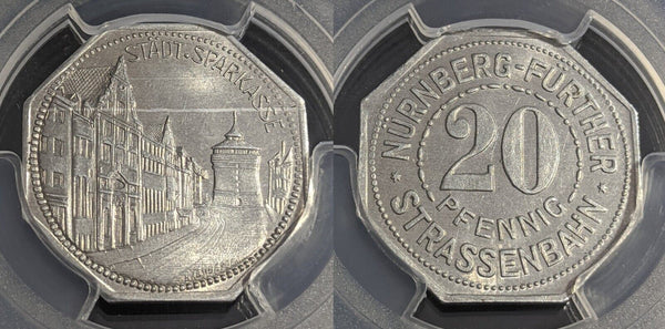 Germany Nurnberg Stadt Sparkasse Streetcar Token 20 Pfennig PCGS MS64 GEM #2569