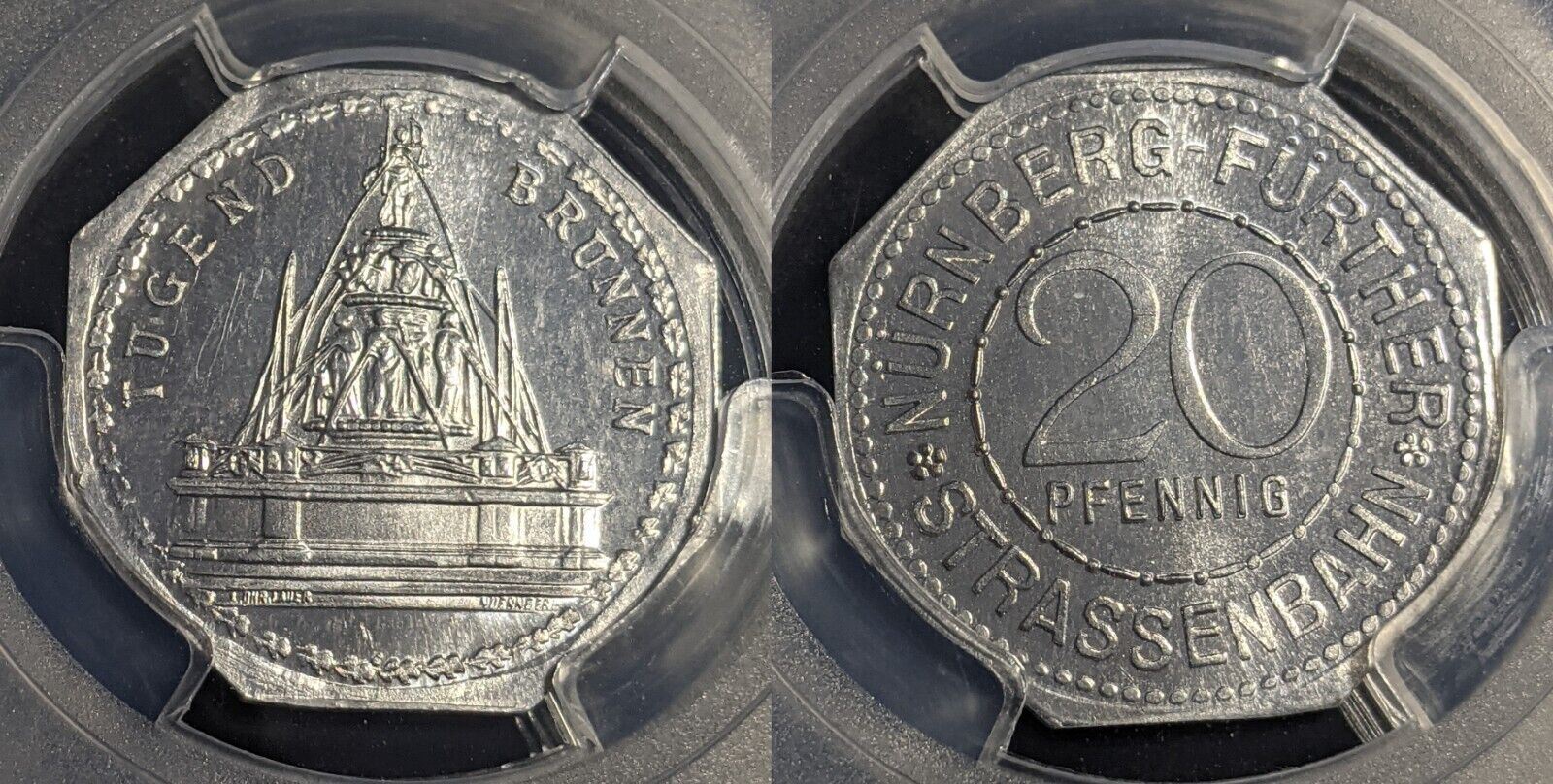 Germany Nurnberg Tugend Brunnen Streetcar Token 20 Pfennig PCGS MS64 GEM #2573