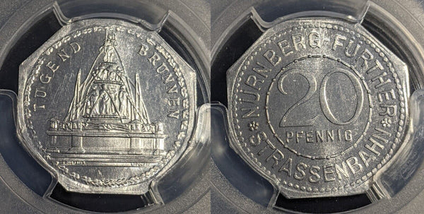 Germany Nurnberg Tugend Brunnen Streetcar Token 20 Pfennig PCGS MS64 GEM #2573