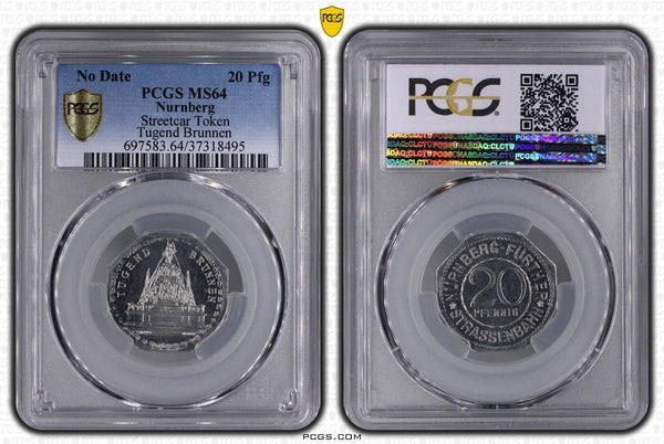 Germany Nurnberg Tugend Brunnen Streetcar Token 20 Pfennig PCGS MS64 GEM #2573