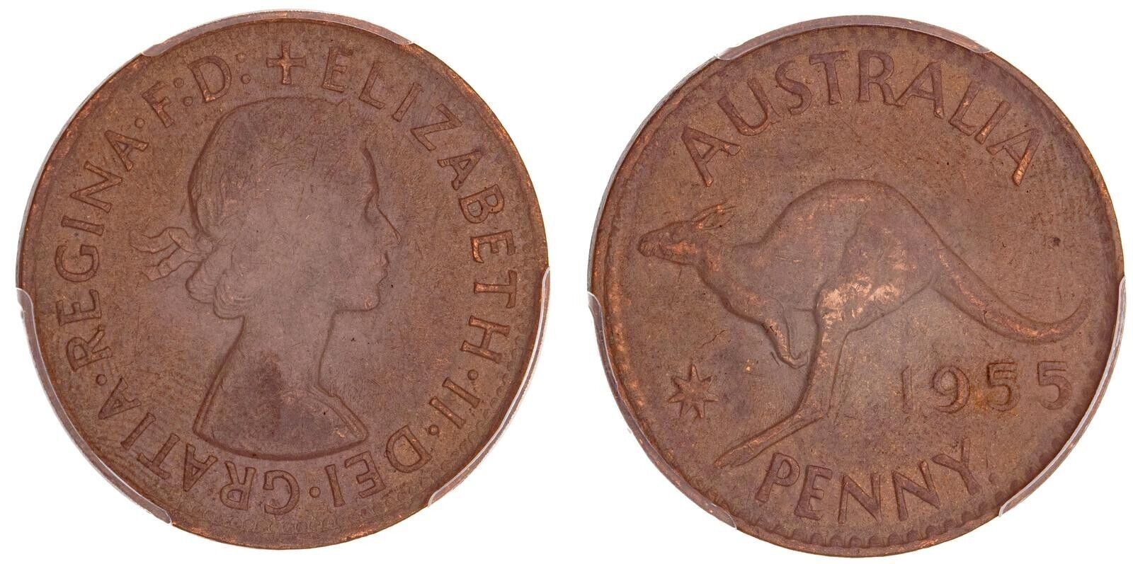 1955 Y. (p) Penny 1d Australia AU53 Perth obverse mule PCGS aUNC #2585