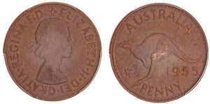 1955 Y. (p) Penny 1d Australia AU53 Perth obverse mule PCGS aUNC #2585