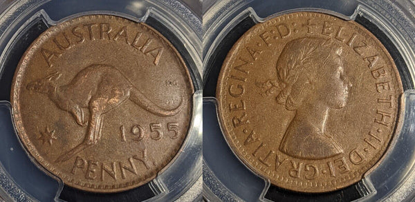 1955 Y. (p) Penny 1d Australia AU53 Perth obverse mule PCGS aUNC #2585
