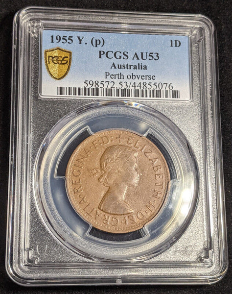 1955 Y. (p) Penny 1d Australia AU53 Perth obverse mule PCGS aUNC #2585