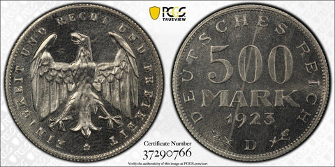 Germany Weimar Republic Proof 1923 D 500 Mark KM# 36 PCGS PR64 GEM UNC #2605