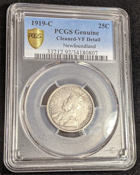 Canada NEWFOUNDLAND 1919 C 25 Cents PCGS Cleaned VF details KM# 17 #2610