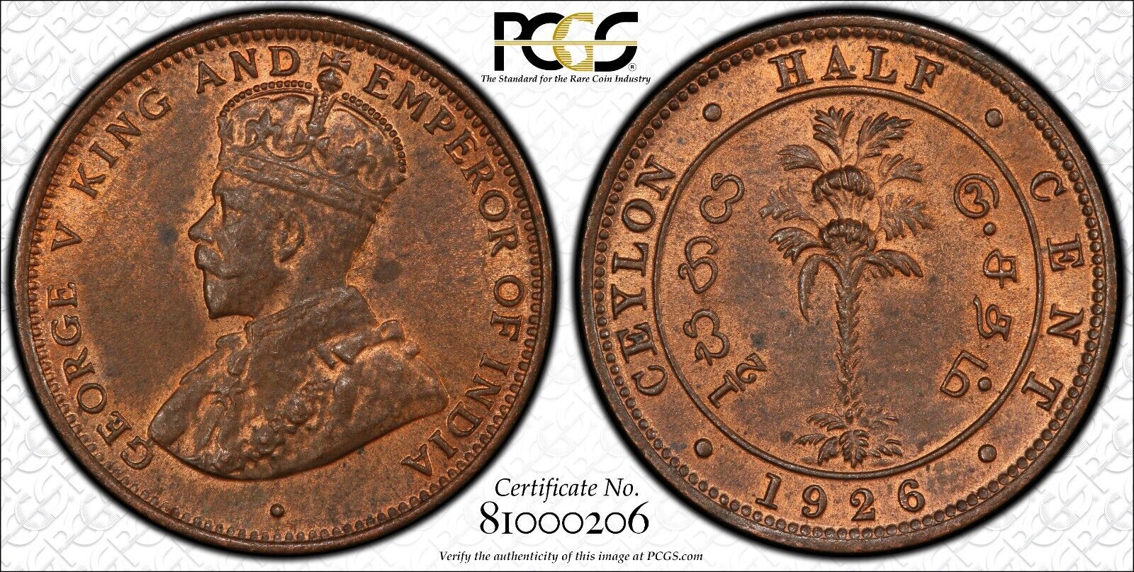 Ceylon 1926 Half Cent 1/2c KM 106 PCGS MS63RB CHOICE UNC #2703