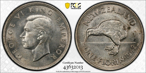 New Zealand 1942 Florin 2/- KM 10.1 PCGS AU58 aUNC #2706