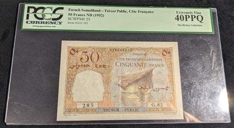 French Somaliland 1952 50 Francs Fine P25 PCGS 40 PPQ Extremely The Rickey Coll.