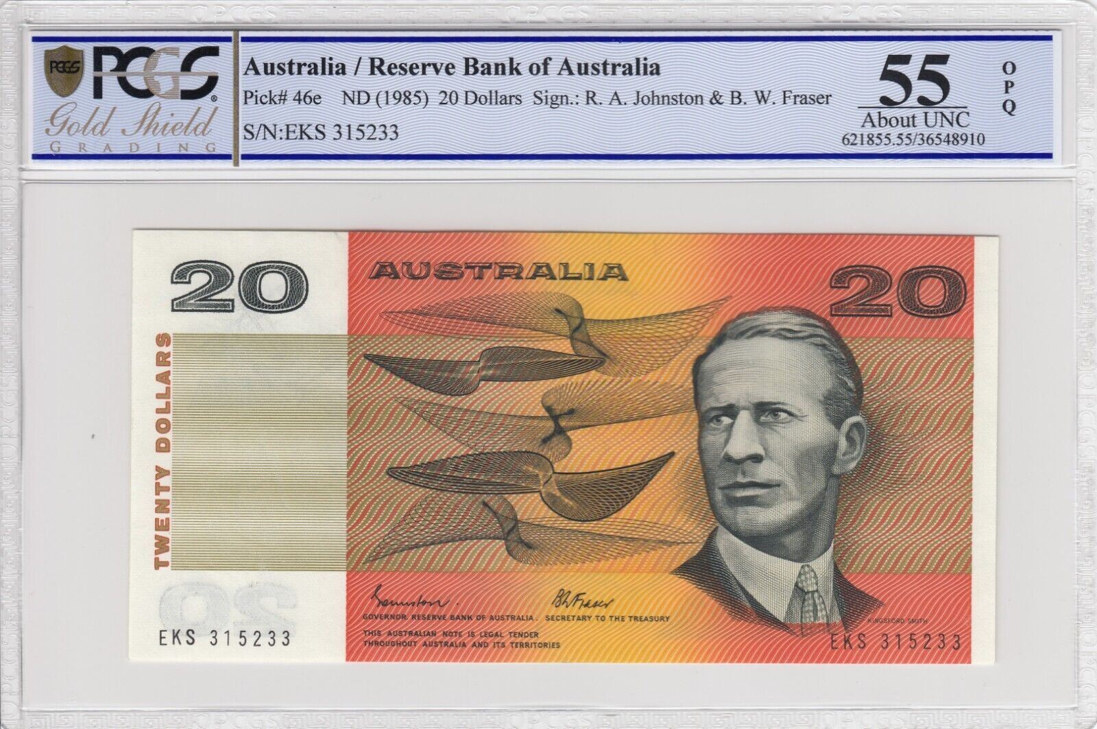 1985 Australia Twenty Dollars Johnston/Fraser Gothic PCGS AUNC 55PPQ EKS P# 46e