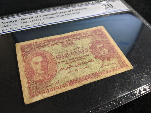 Malaya 5 Cents 1941 (1945) Pick 7a PCGS VF20 Choice Very Fine #1448