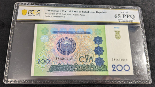 Uzbekistan 1997 200 Sum PCGS GEM UNC 65 PPQ Pick#80 1/0 POP #2777