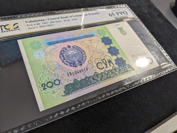 Uzbekistan 1997 200 Sum PCGS GEM UNC 65 PPQ Pick#80 1/0 POP #2777