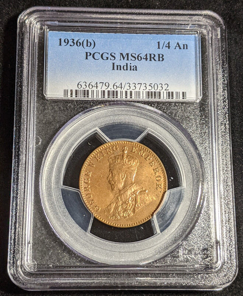 India 1936 (b) With Dot Quarter Anna PCGS MS64RB GEM UNC #2929