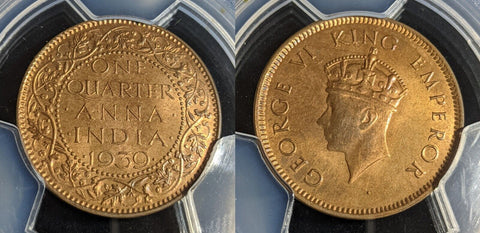 India 1939 (b) With Dot One Quarter Anna PCGS MS64RB GEM UNC #2930