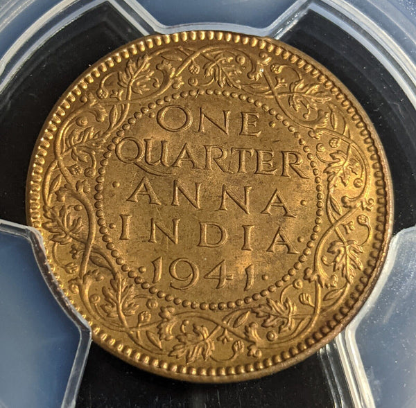 India 1941(c) Sans Dot One Quarter Anna PCGS MS65RD GEM UNC #2940