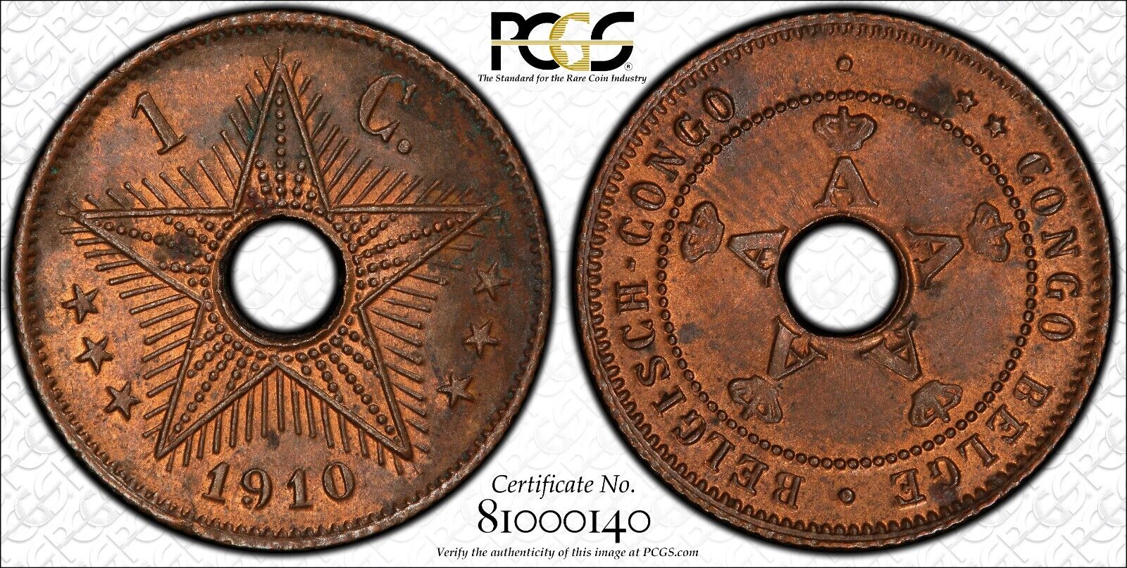 Belgain Congo 1910 One Centime PCGS UNC Details #2944