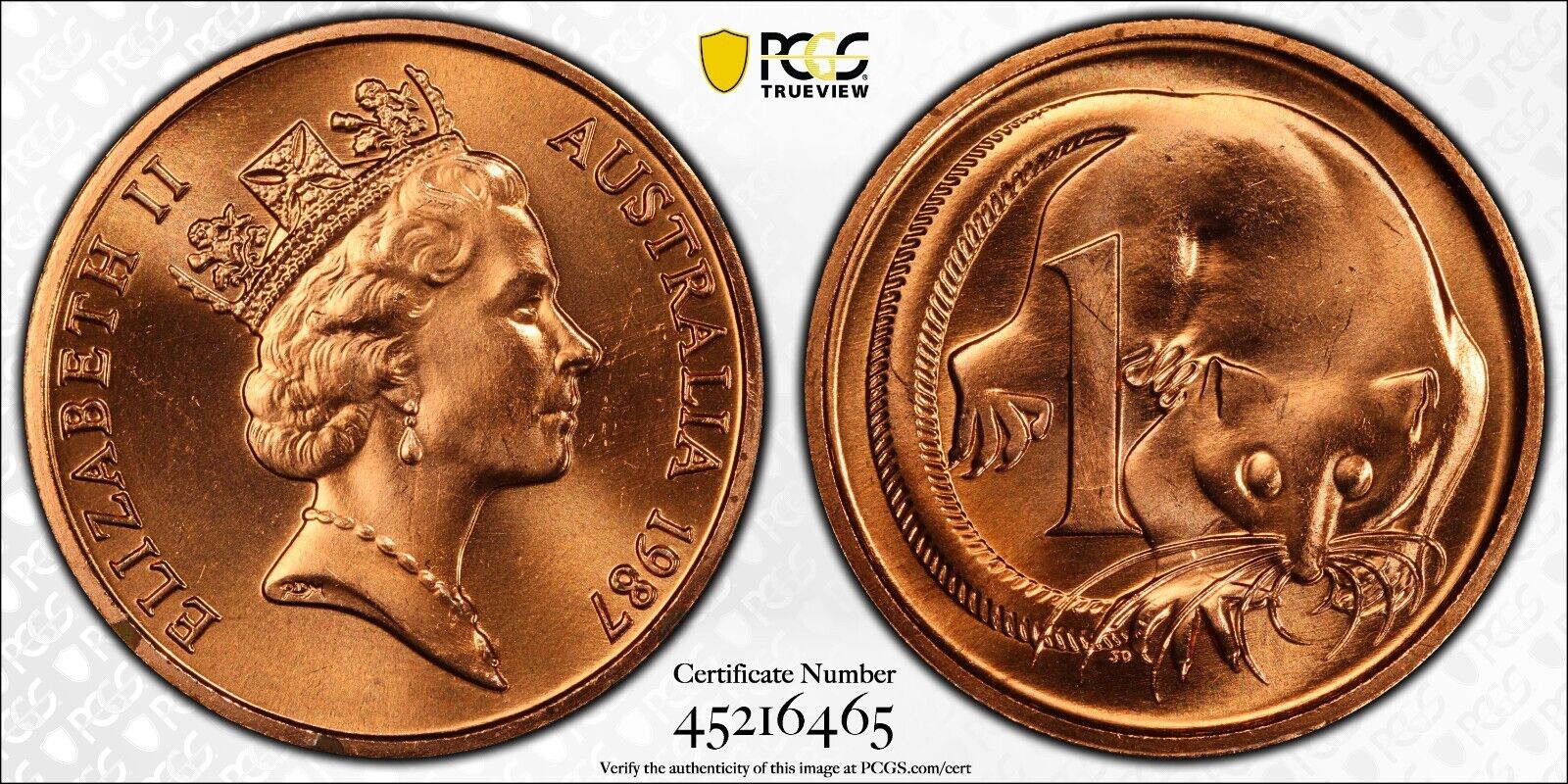 1987 One Cent 1c Australia PCGS MS65RD GEM UNC #3046