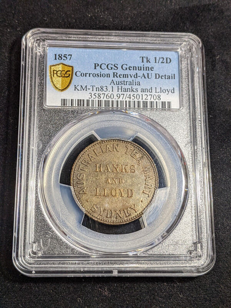 1857 Half Penny Hank and Lloyd Token KM-Tn83.1 PCGS Corrosion Remvd-AU Detail