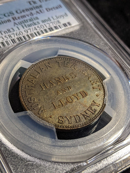 1857 Half Penny Hank and Lloyd Token KM-Tn83.1 PCGS Corrosion Remvd-AU Detail