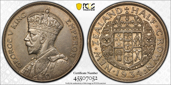 New Zealand 1934 Half Crown 1/2 Cr KM# 5 PCGS AU55 aUNC #3163
