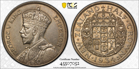 New Zealand 1934 Half Crown 1/2 Cr KM# 5 PCGS AU55 aUNC #3163