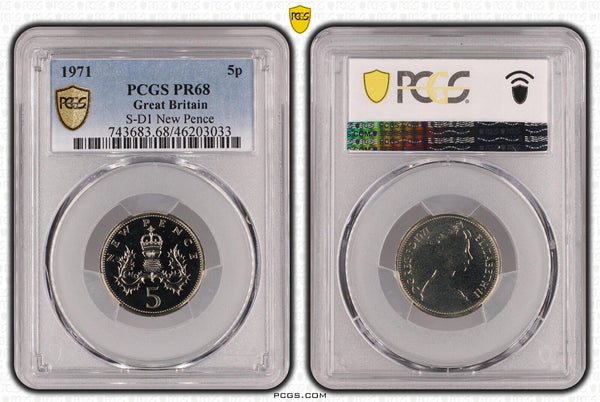 Great Britain 1971 Proof Five Pence 5p S-D1 New Pence PCGS PR68 FDC UNC#3244