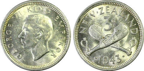 New Zealand 1943 3 Pence Threepence 3d KM# 7 PCGS MS61 UNC #3575