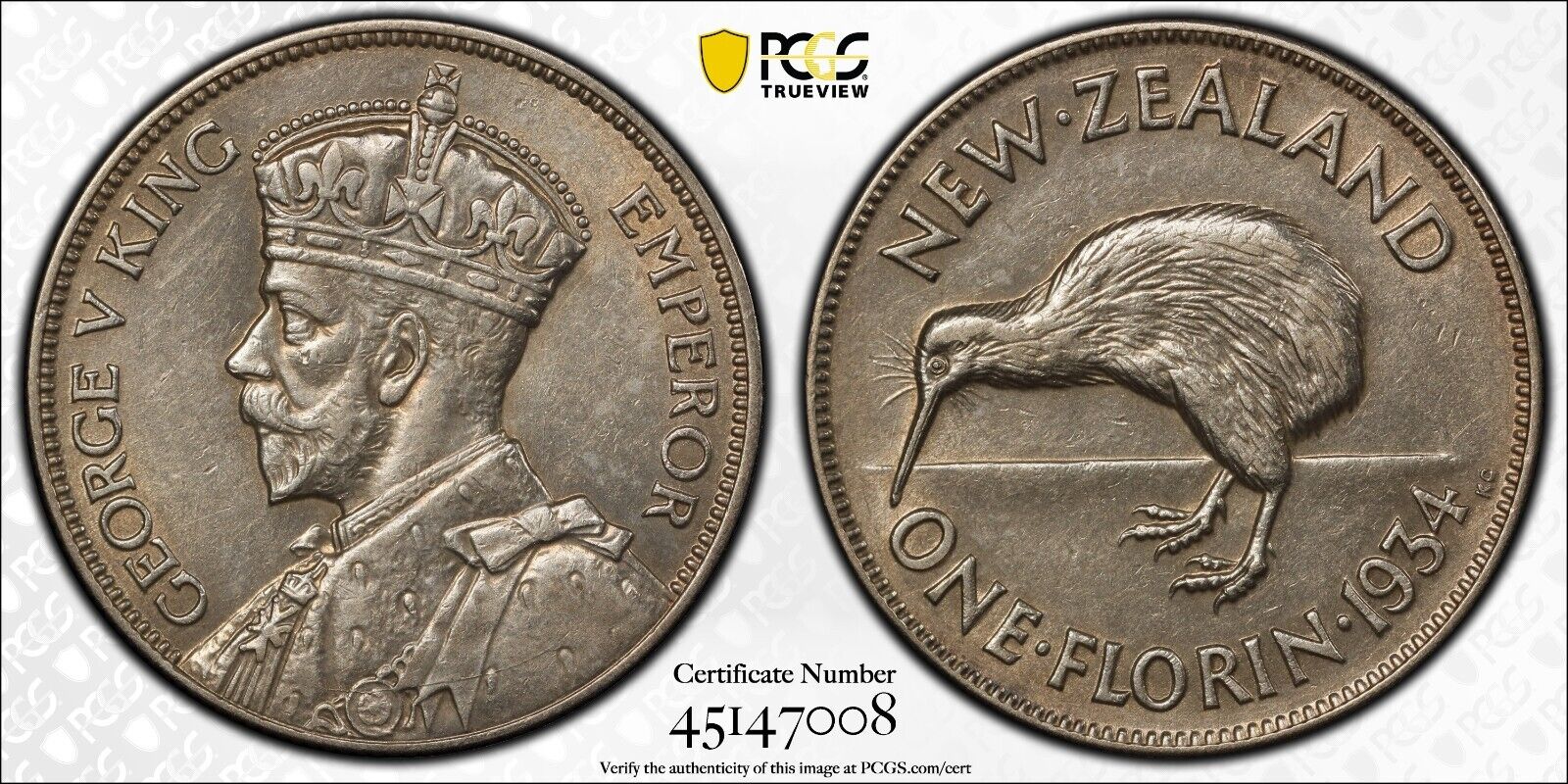 New Zealand 1934 Florin 2/-  KM# 4 PCGS AU58 aUNC #3834