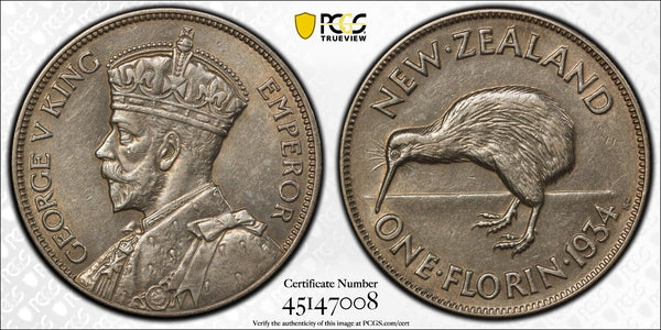 New Zealand 1934 Florin 2/-  KM# 4 PCGS AU58 aUNC #3834