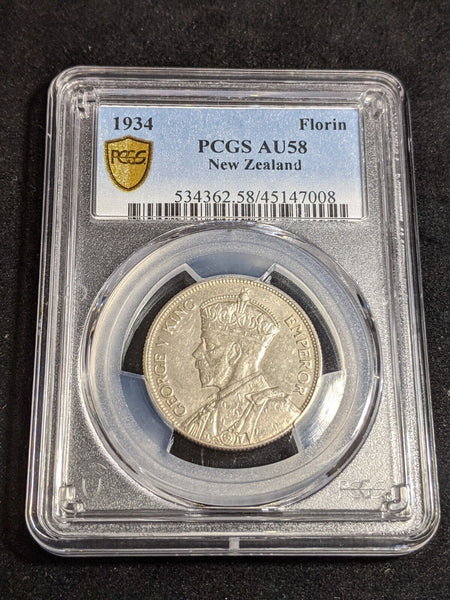 New Zealand 1934 Florin 2/-  KM# 4 PCGS AU58 aUNC #3834
