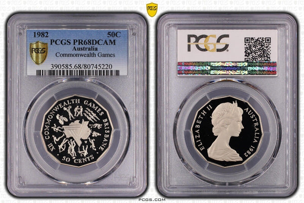 1982 Proof Fifty Cent 50c Commonwealth Games PCGS PR68DCAM FDC UNC #3856