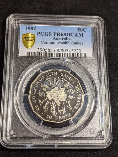 1982 Proof Fifty Cent 50c Commonwealth Games PCGS PR68DCAM FDC UNC #3856